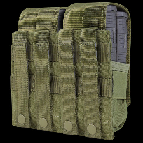 Condor Double M14 Mag Pouch Gen II in Scorpion OCP holds four rifle magazines, with MOLLE webbing and snap button closures—perfect for law enforcement or first responders at the range.